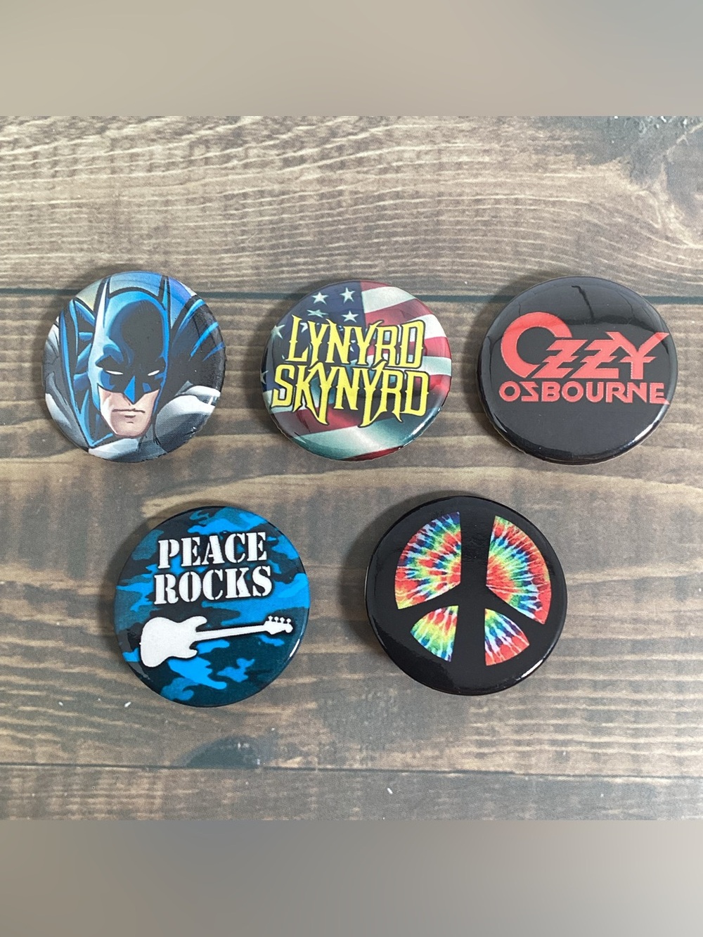 Lot 5 Vintage Pinback Buttons, Ozzy, Lynyrd Skynyrd, Peace, Batman 1.25"